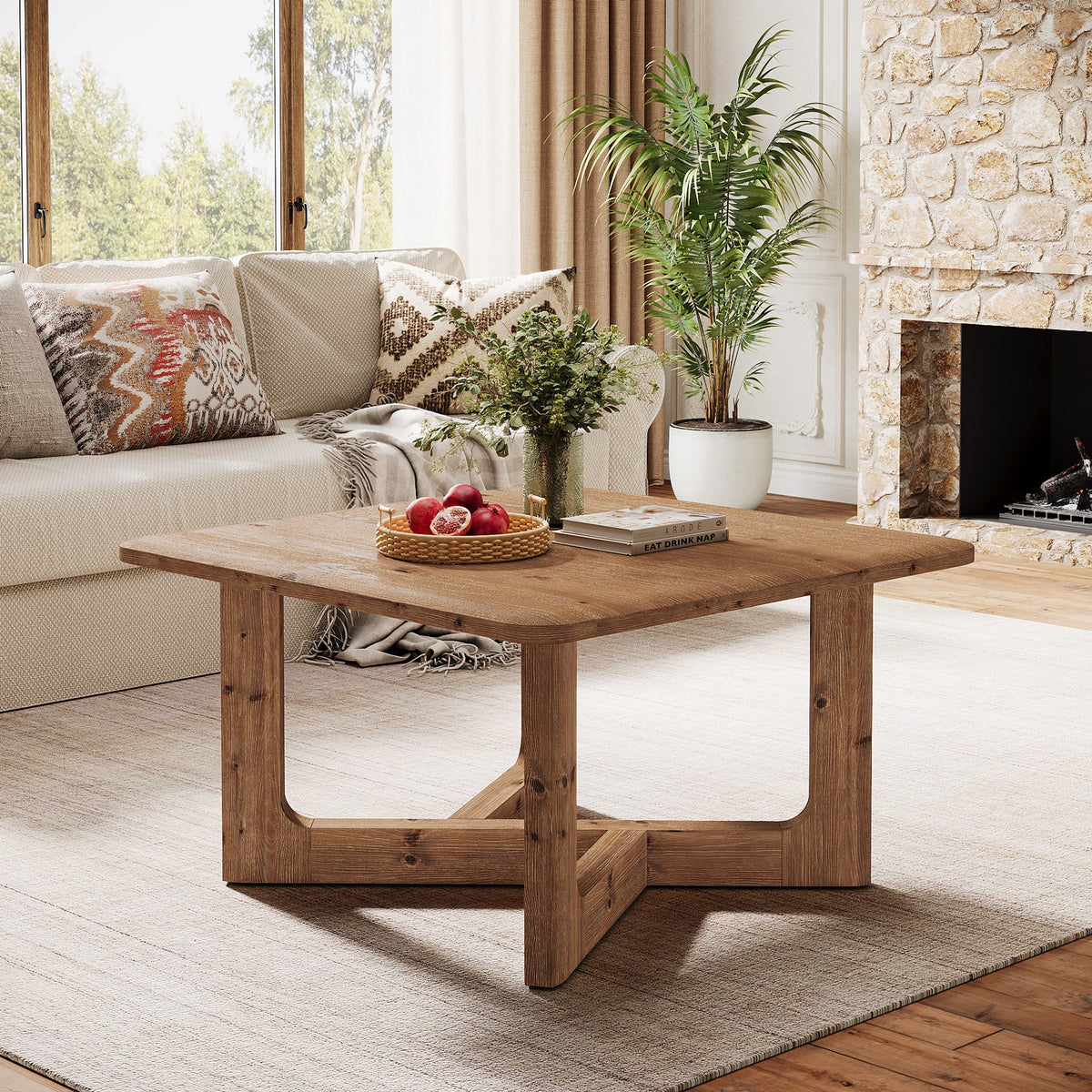31.5 Inch Square Solid Wood Coffee Table, Farmhouse Living Room Table with Sturdy Base