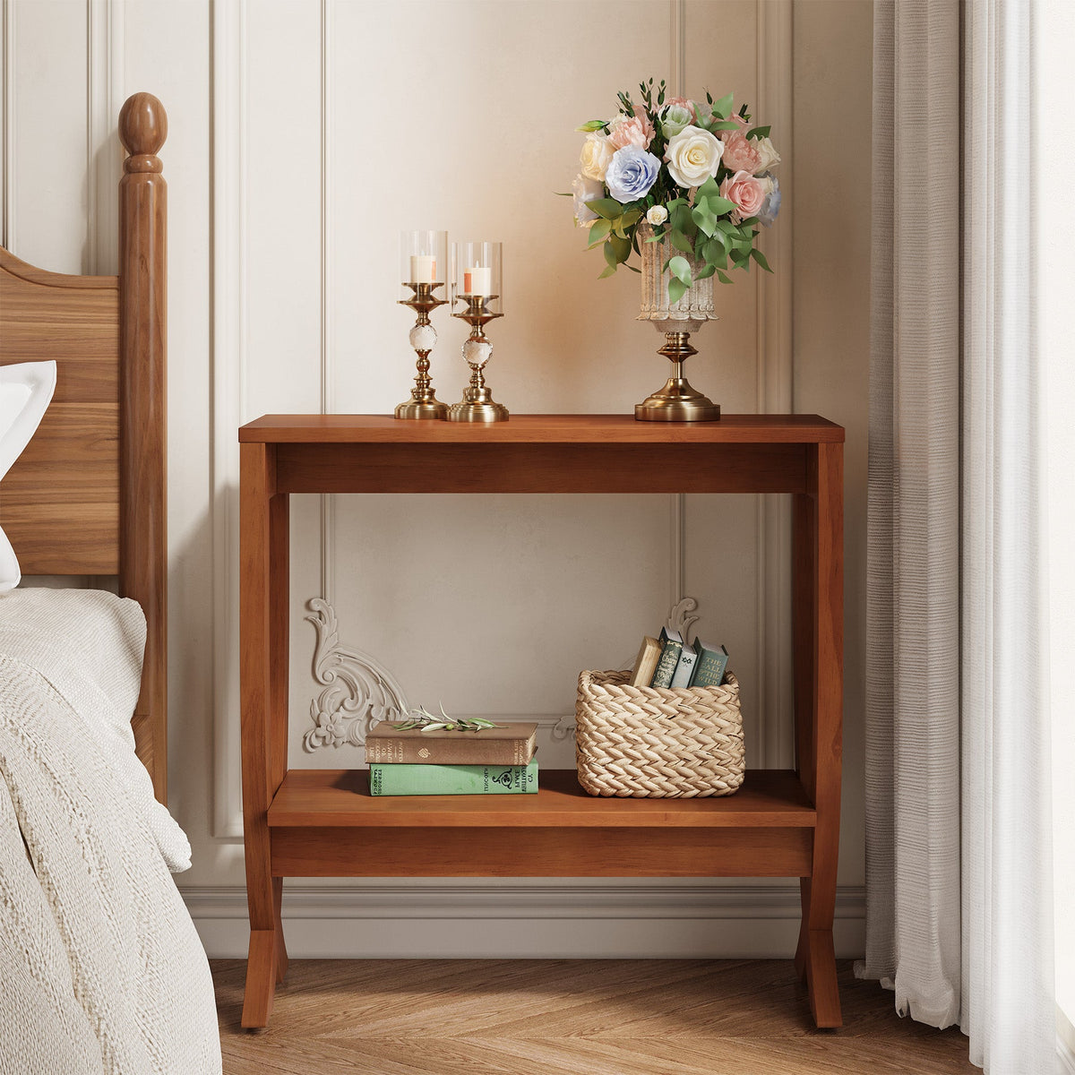 23.62" Small Solid Wood Side Table with Arched Legs, 2-Tier End Table for Sofa Side