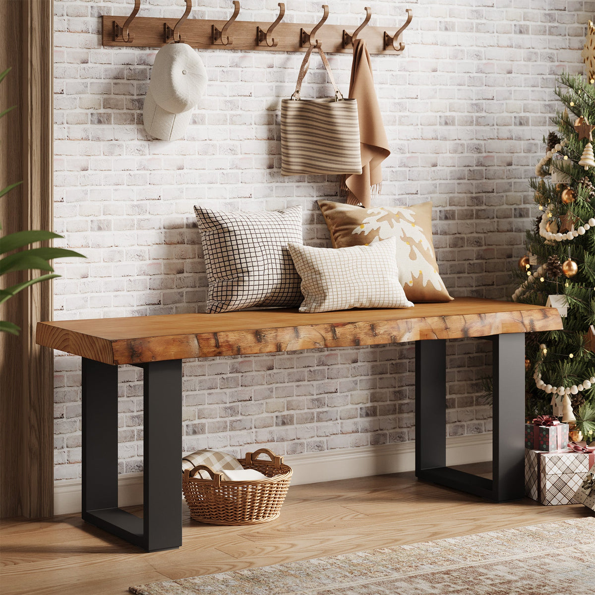47.24-Inch Industrial Entryway Bench with Solid Wood Seat, Narrow Shoe Bench for Bedroom and Hallway