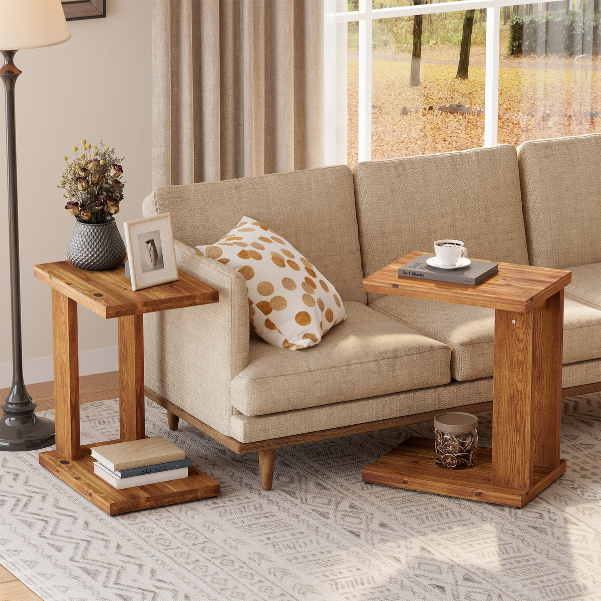 23.6" C-Shaped End Table, Solid Wood 2-Tier Side Table for Sofa and Living Room