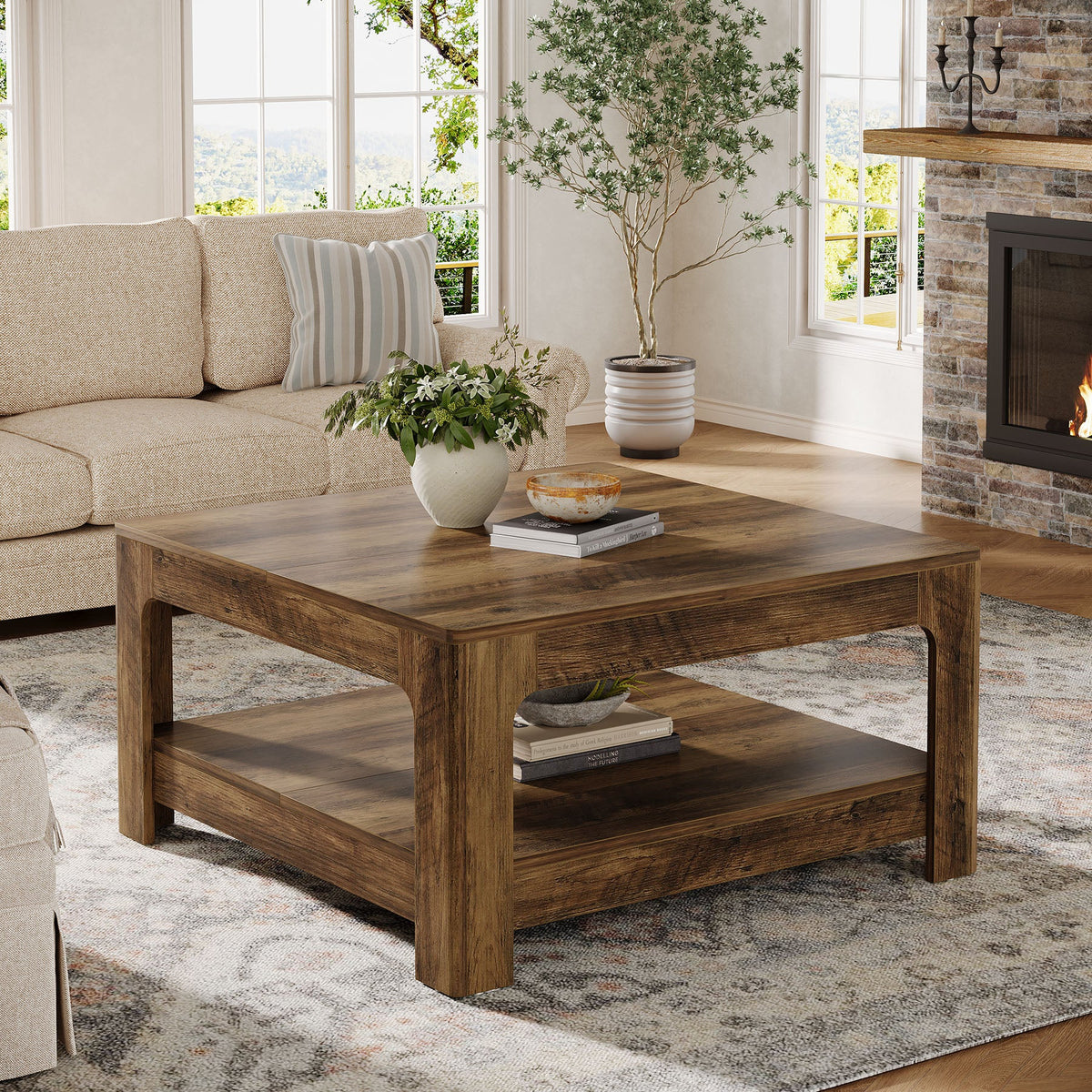 39.4-Inch Square Coffee Table, Large Farmhouse Center Table with Storage Shelf for Living Room