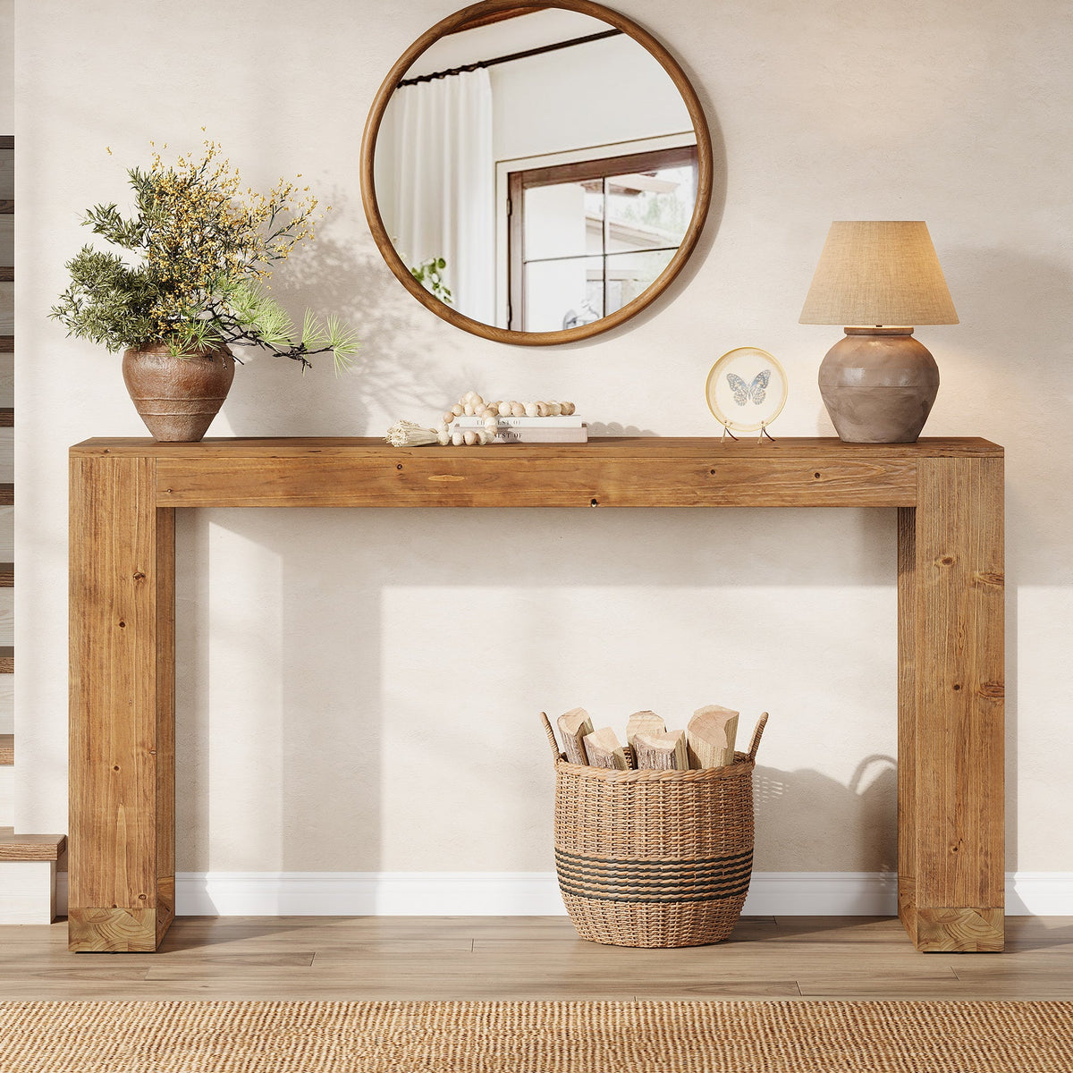 63-Inch Farmhouse Console Table with Reinforced Base, Solid Wood Sofa Table for Entryway Study and Living Room