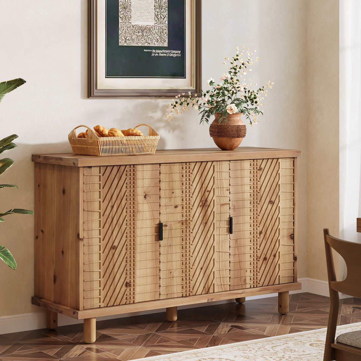 47.6-Inch Farmhouse Sideboard Cabinet with 3 Doors, Solid Wood Buffet Cabinet for Kitchen