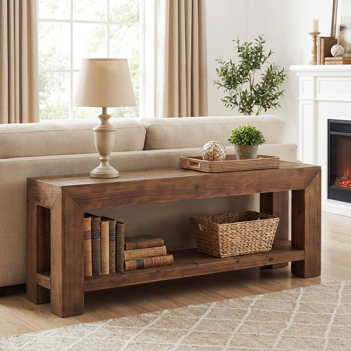 63-Inch Solid Wood TV Stand for TVs up to 75 Inches with 2-Tier Open Storage Shelves
