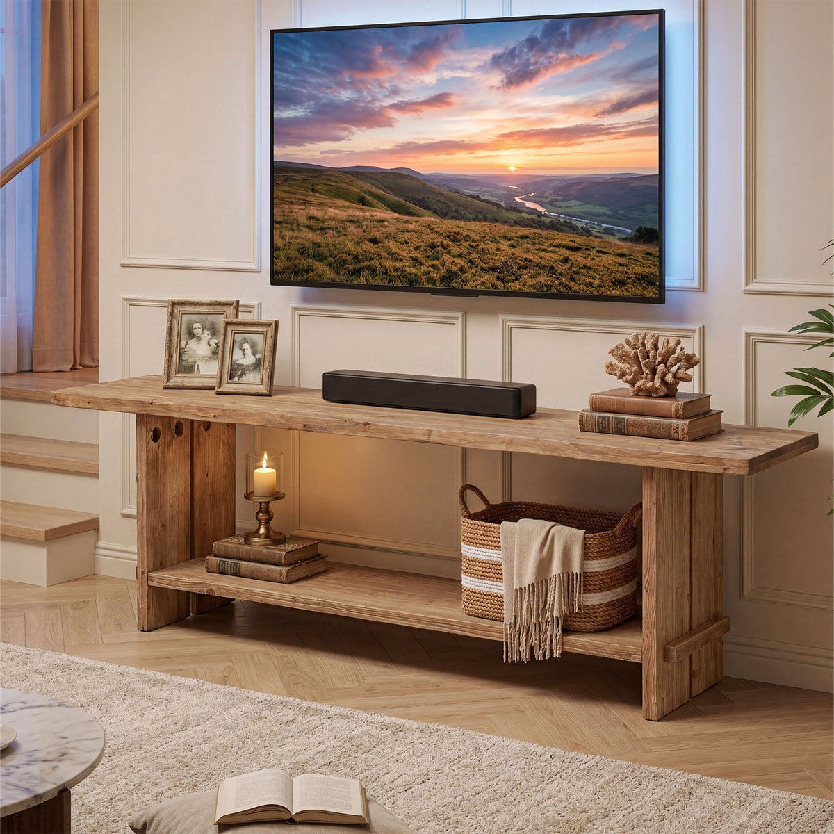 71 Inch Solid Wood TV Stand with 2-Tier Storage, Media Console for 55 to 85 Inch TVs