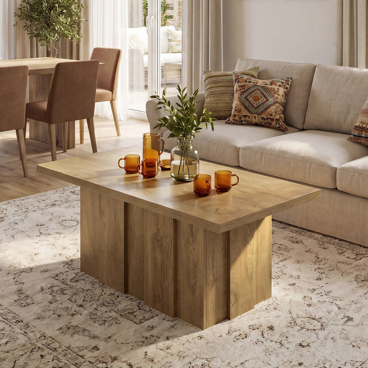 47.2-Inch Coffee Table with Fluted Pedestal Base, Farmhouse Center Table for Living Room