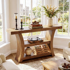 55-Inch Solid Wood Console Table with 3-Tier Storage, Curved Entryway Table for Hallway