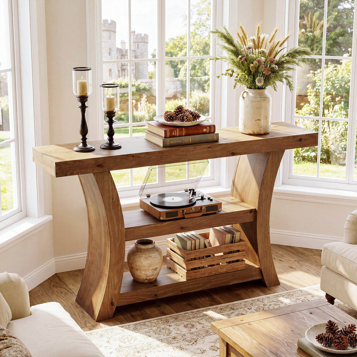 55-Inch Solid Wood Console Table with 3-Tier Storage, Curved Entryway Table for Hallway