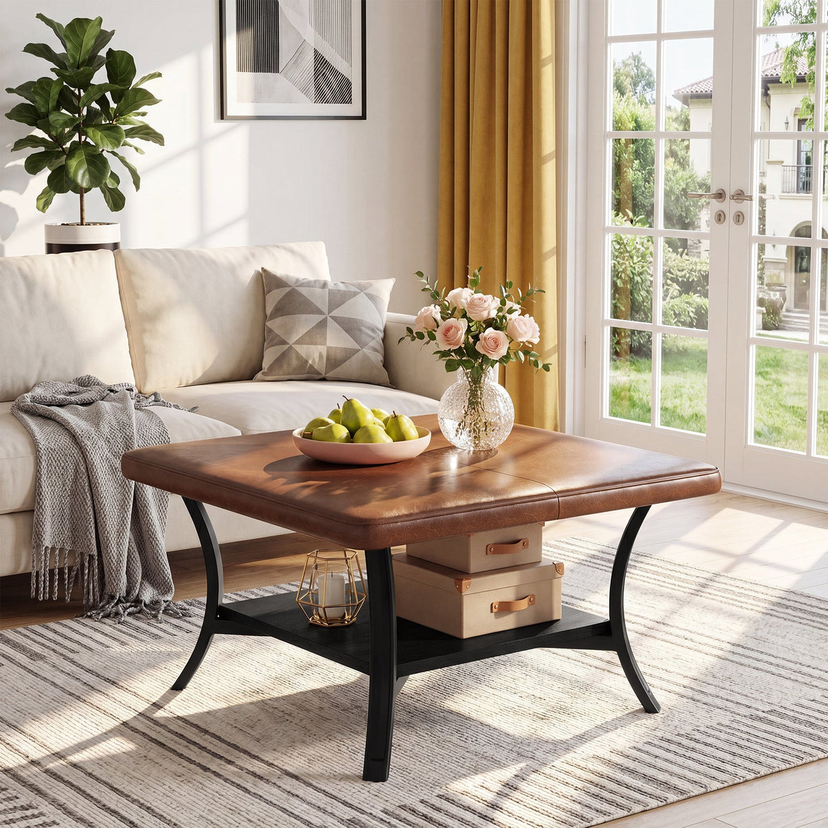 31.5-Inch Square Coffee Table, Upholstered Ottoman with PU Leather Top for Living Room