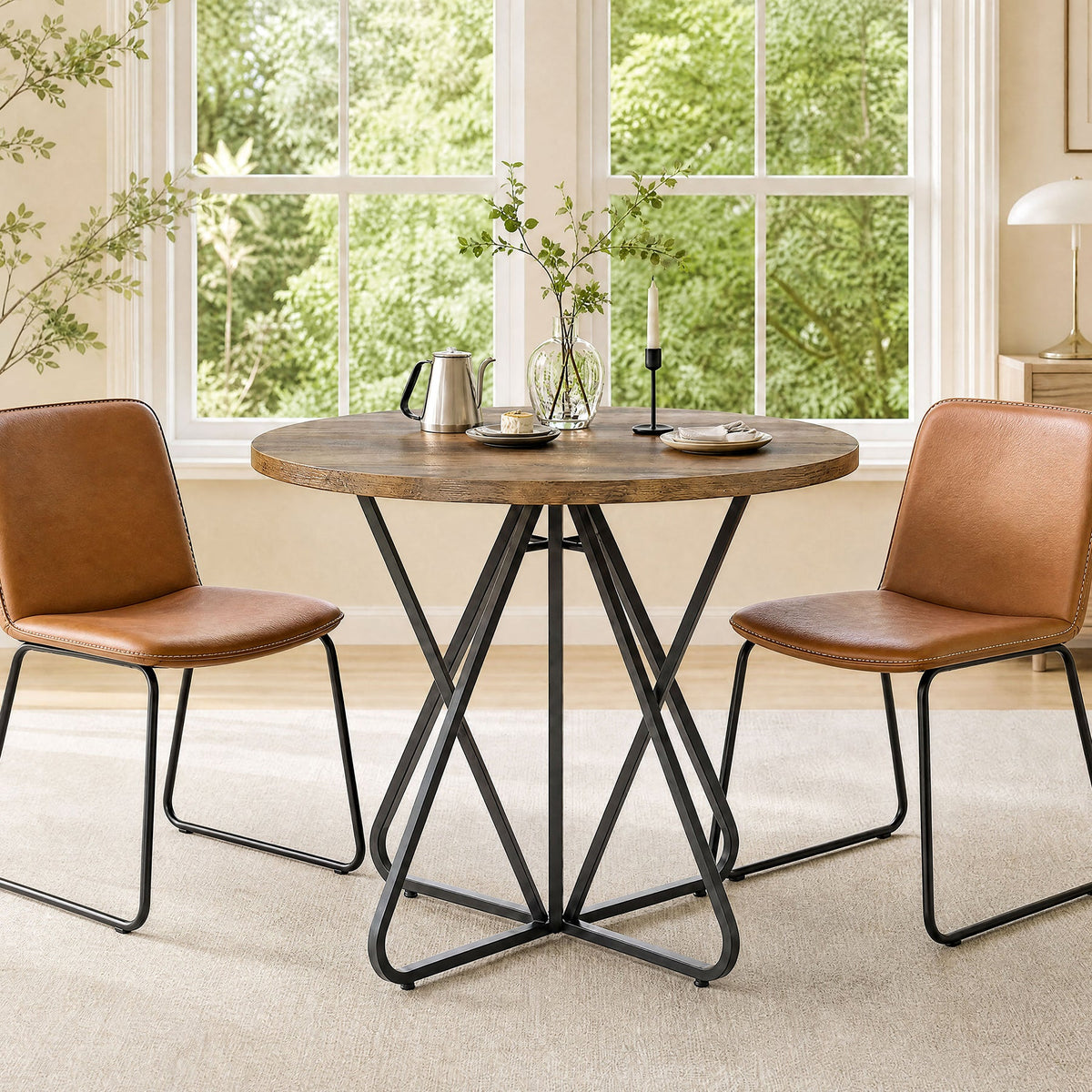 31.5-Inch Round Dining Table with Geometric Metal Base, Small Kitchen Table for 2-3 People