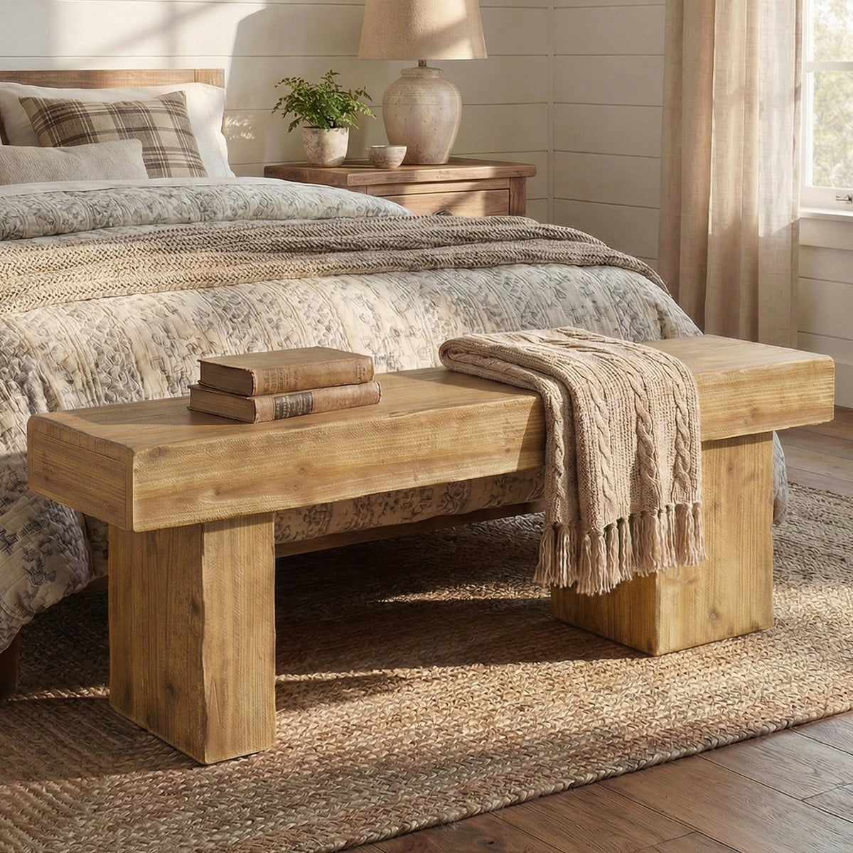 47-Inch Solid Wood Entryway Bench, Thick Seat Bench for Hallway