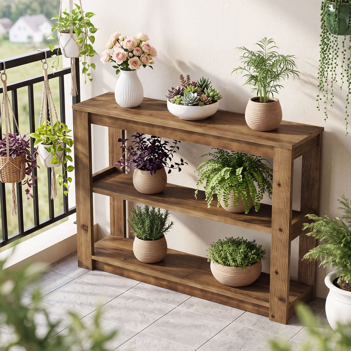 41.3 Inch Solid Wood Console Table with 3-Tier Storage, Farmhouse Hallway Table