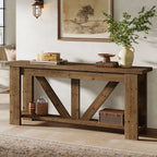 70.9-Inch Solid Wood Console Table with Triangular Base, 2-Tier Sofa Table for Hallway