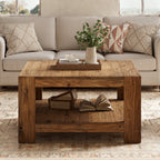 31.5-Inch Square Farmhouse Coffee Table with Storage Shelf, Solid Wood Center Table for Living Room