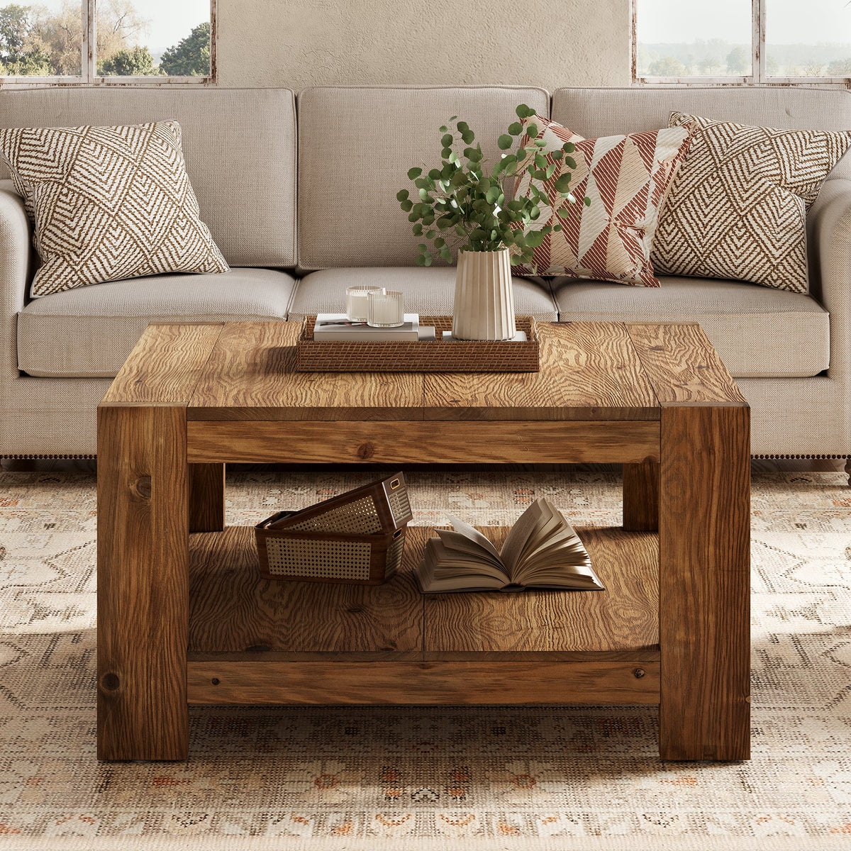31.5-Inch Square Farmhouse Coffee Table with Storage Shelf, Solid Wood Center Table for Living Room