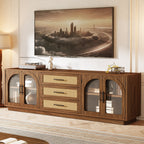 71-Inch TV Stand with Rattan Drawers, Mid-Century Media Console for Living Room