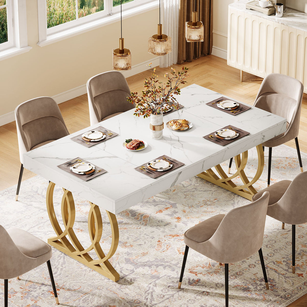 63-Inch Modern Dining Table for 4-6 People, Faux Marble Kitchen Table with Gold Legs