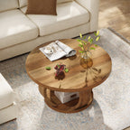31.5" Wooden Circle Coffee Table, 2-Tier Storage for Small Spaces