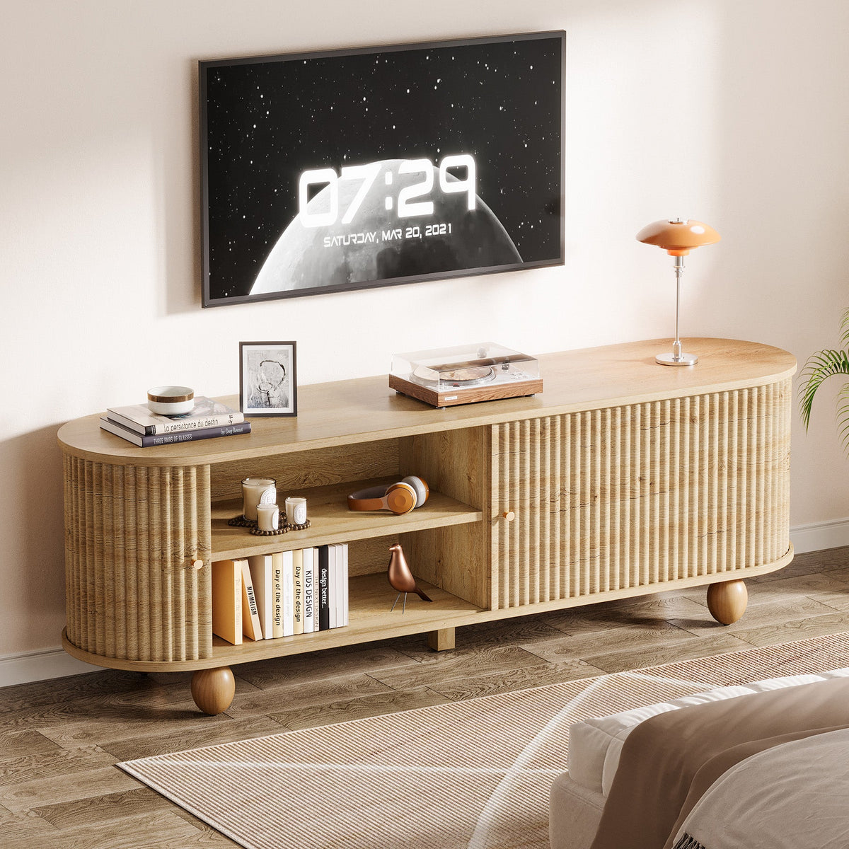 70.8-Inch Farmhouse Fluted TV Stand with Sliding Doors and Storage Shelves, Extra Long Media Console for 65 70 and 75 Inch TVs