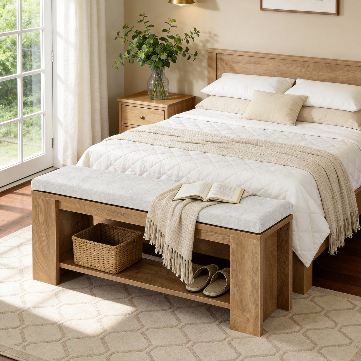 47.24-Inch Upholstered Hallway Bench with Padded Seat, Farmhouse Bed Bench for Bedroom