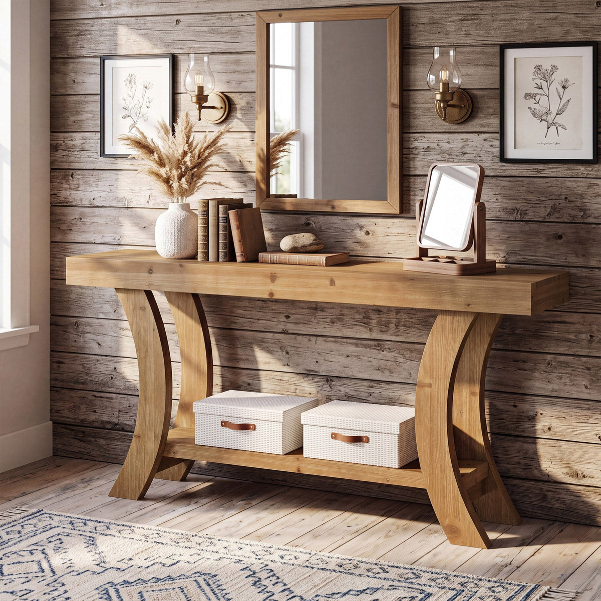 63 Inch Solid Wood Console Table with Shelf, Arched Farmhouse Entryway and Sofa Table