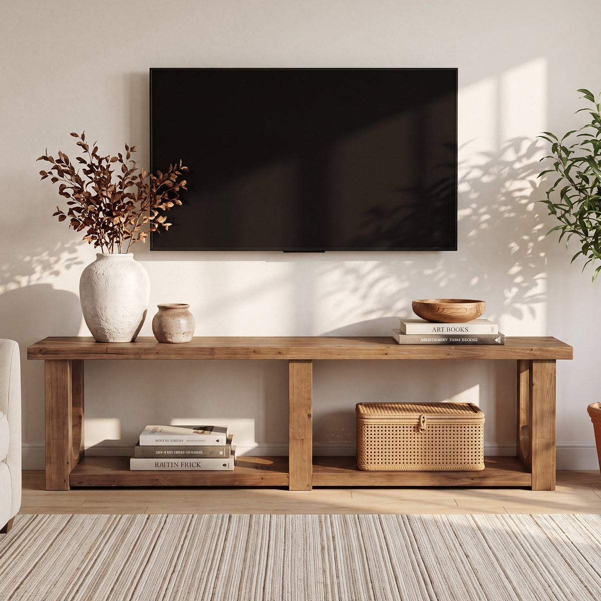70-Inch Solid Wood TV Stand with 2-Tier Storage, Farmhouse Media Console for Living Room