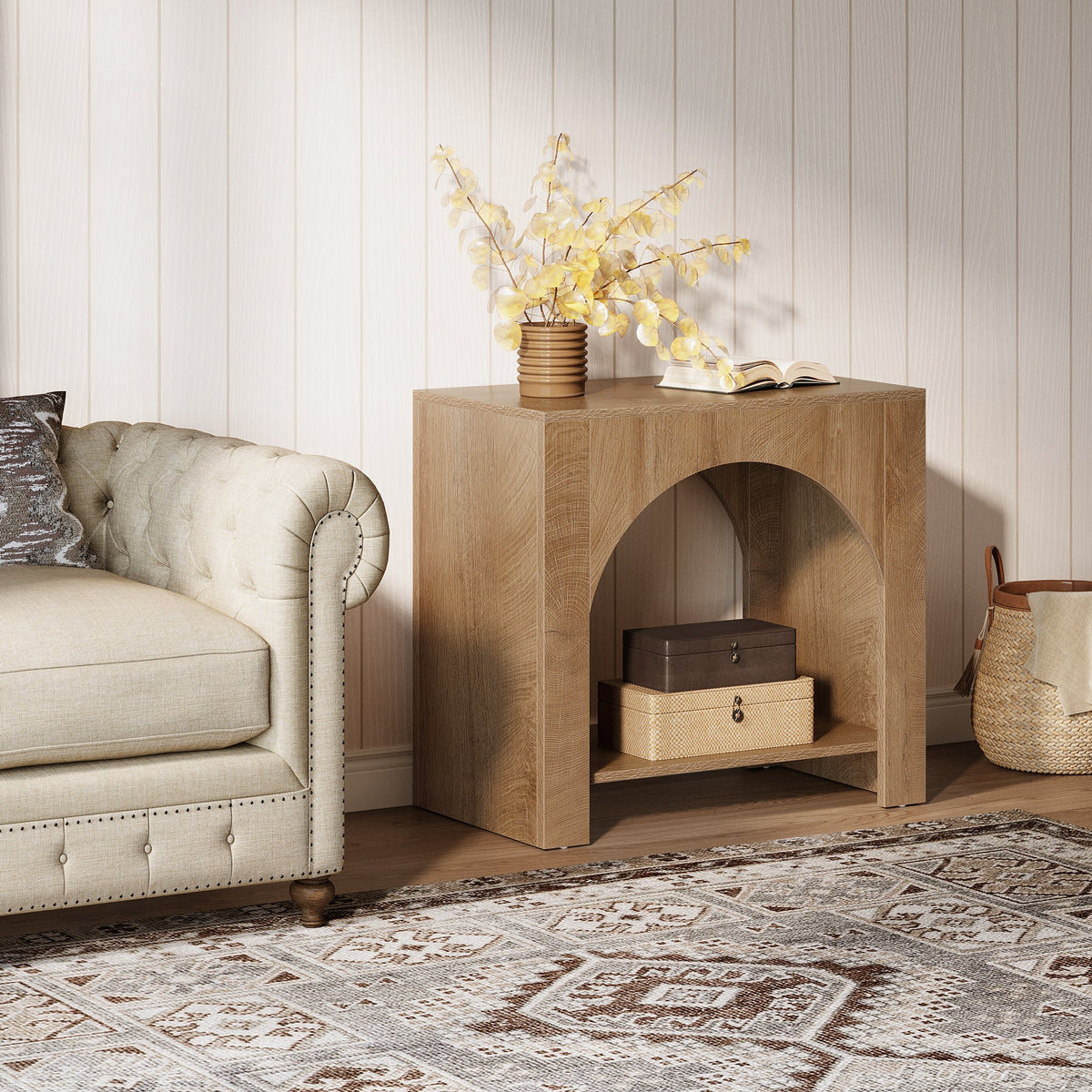 27.6 Inch Farmhouse Side Table with Storage, Large Wooden End Table with Cabinet Shelf for Living Room