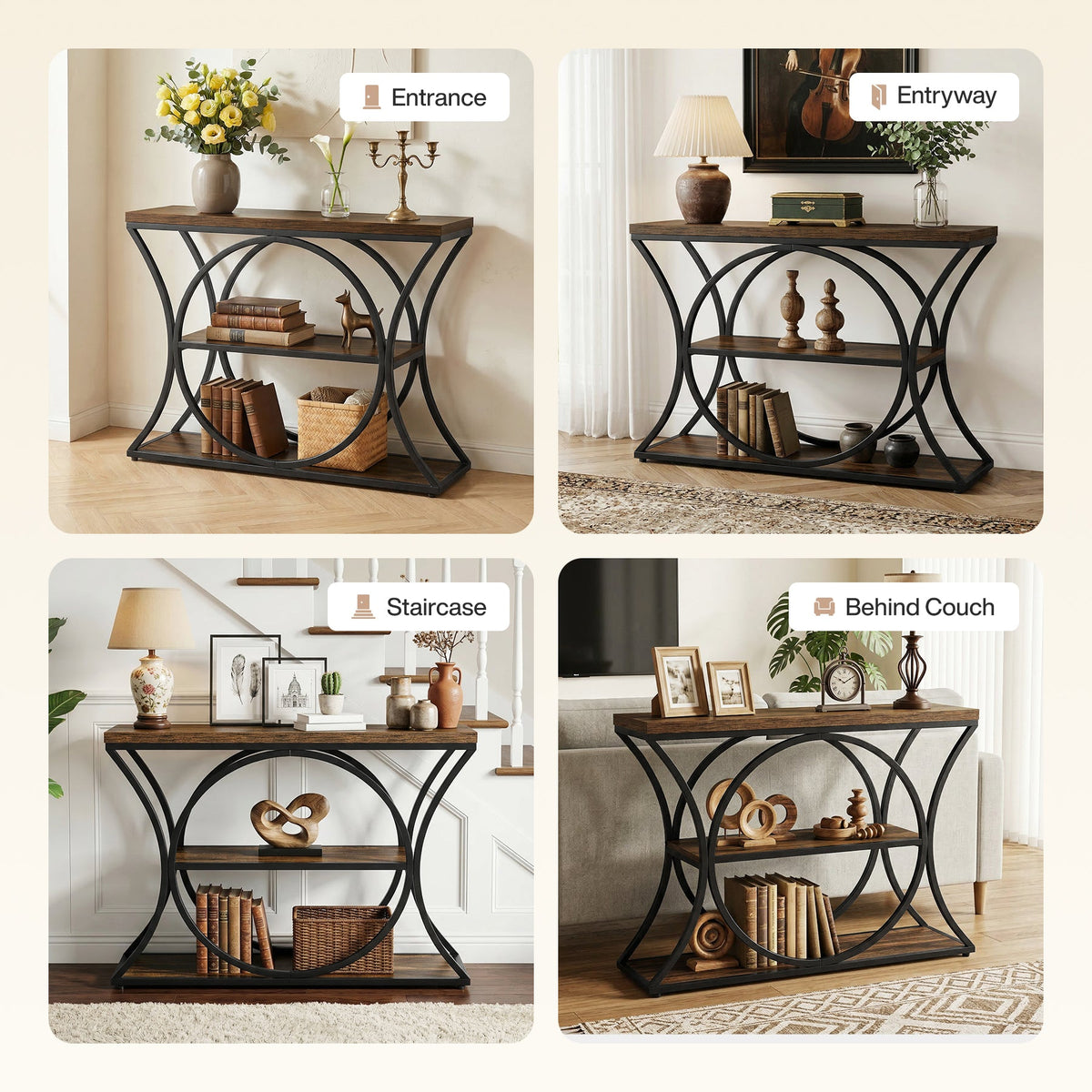 43.34" Industrial Console Table with 3-Tier Storage, Sofa Table for Living Room Hallway Behind Couch