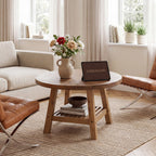 31.5 Inch Solid Wood Round Coffee Table with 2-Tier Storage, Living Room Center Table