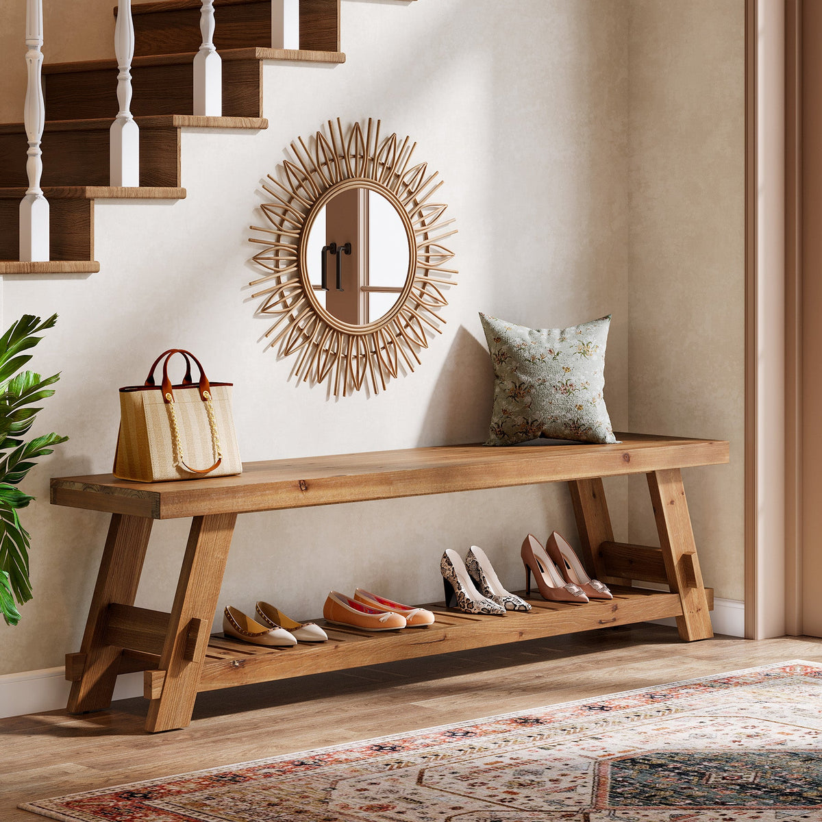 63 Inch Solid Wood Shoe Storage Bench for 6 Pairs, Farmhouse Entryway Seat with Shelf