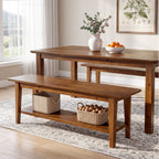 55-Inch Farmhouse Bench with Storage Shelf, Wooden Dining Seating for Kitchen Dining Room and Patio