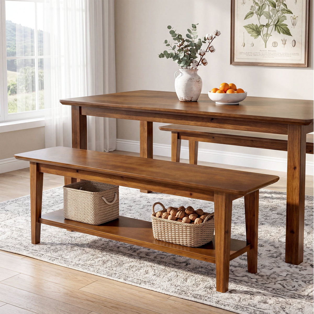 55-Inch Farmhouse Bench with Storage Shelf, Wooden Dining Seating for Kitchen Dining Room and Patio