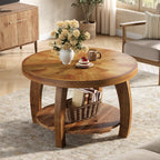 31.5-Inch Solid Wood Round Coffee Table, 2-Tier Center Table with Mosaic Pattern and Storage