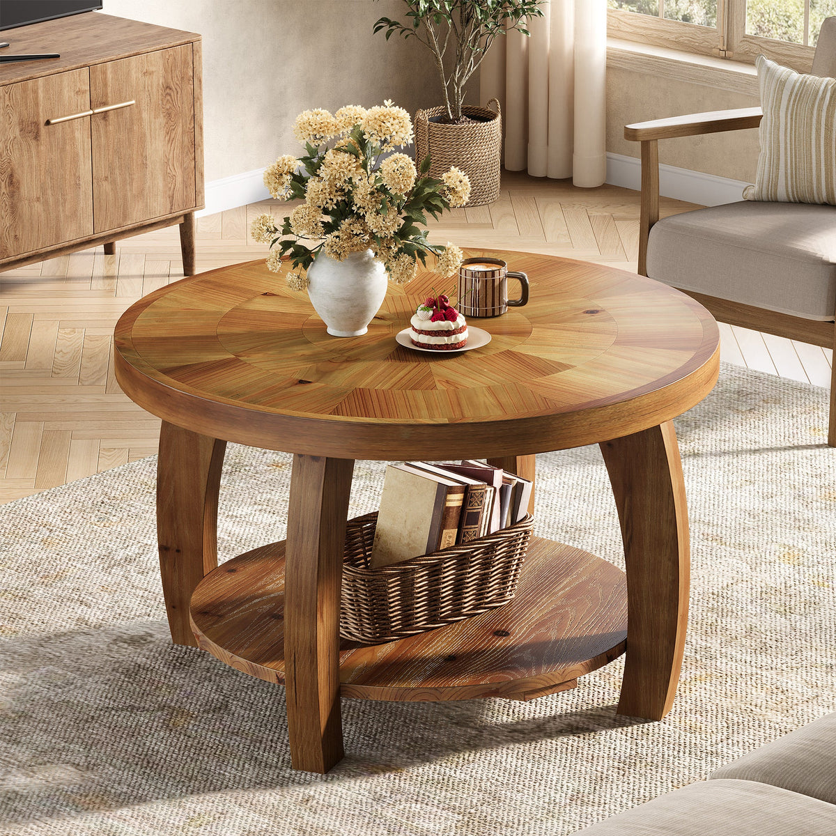 31.5-Inch Solid Wood Round Coffee Table, 2-Tier Center Table with Mosaic Pattern and Storage