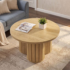 31.5-Inch Round Coffee Table, Wooden Circle Center Table with Fluted Three-Lobed Base for Living Room Apartment