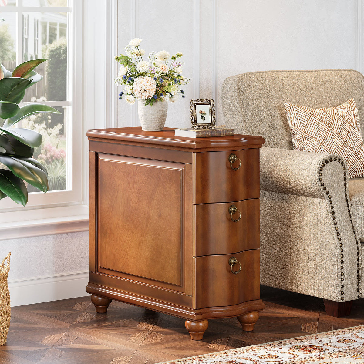 11.02-Inch Wide Fully Assembled End Table with 3 Drawers, Narrow Walnut Brown Side Table for Bedside Living Room