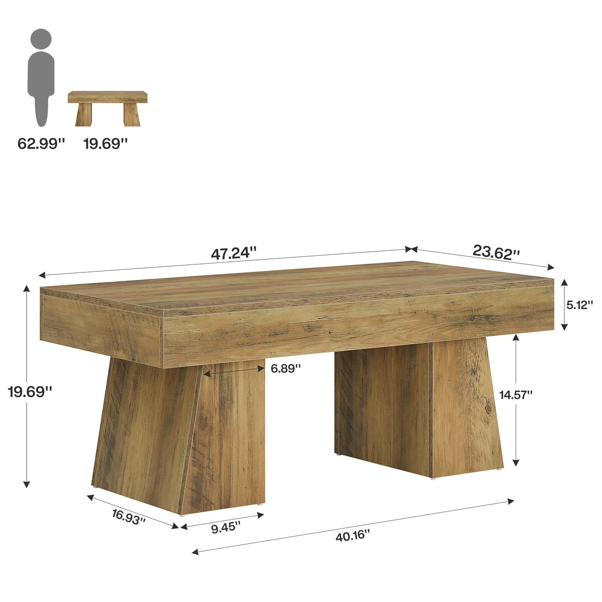 47-Inch Farmhouse Rectangular Coffee Table, Wooden Center Table with Thick Sculptural Base