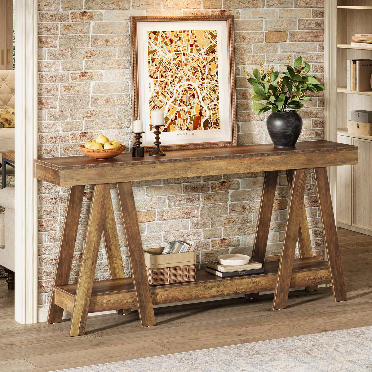 70.87-Inch Farmhouse Console Table with 2-Tier Storage and A-Shaped Frame, Narrow Entryway Sofa Table for Living Room and Foyer