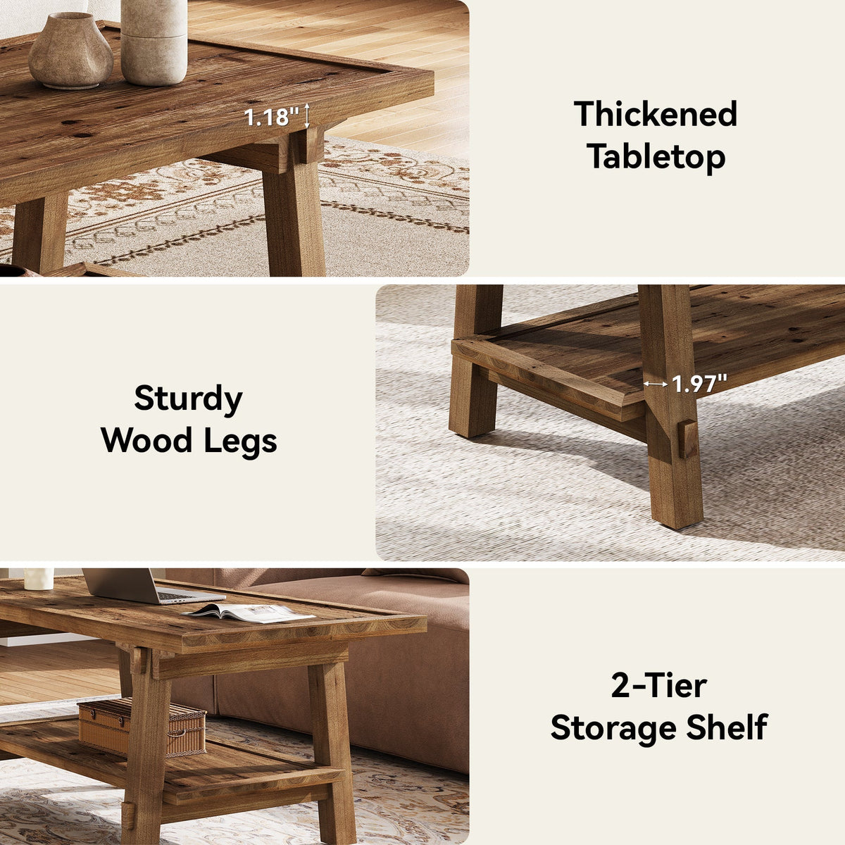 47 Inch Solid Wood Coffee Table, Rustic Farmhouse Rectangle Center Table