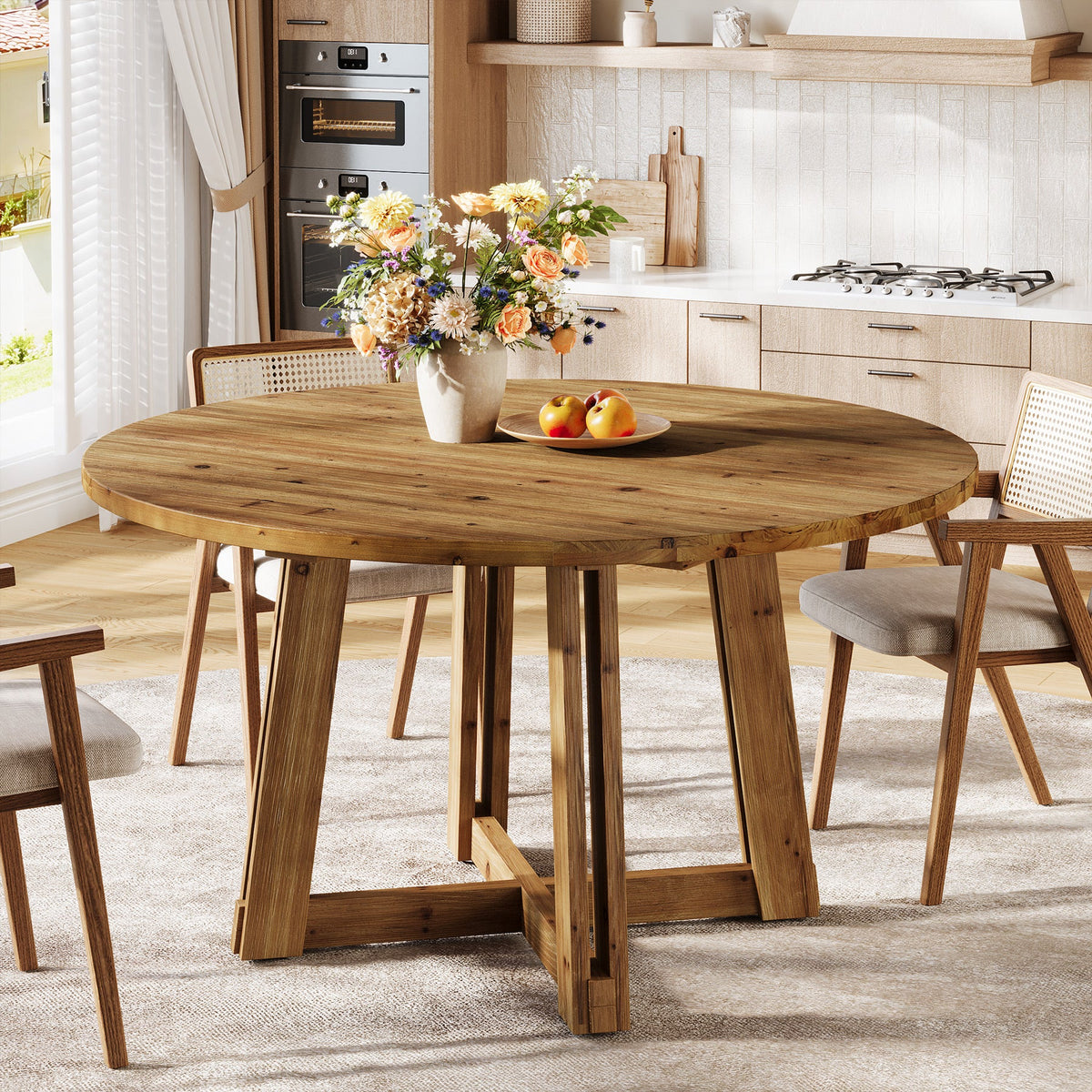 47.3-Inch Solid Wood Round Dining Table for 4-6 People, Farmhouse Kitchen Table with Cross-Shaped Base for Dining Room