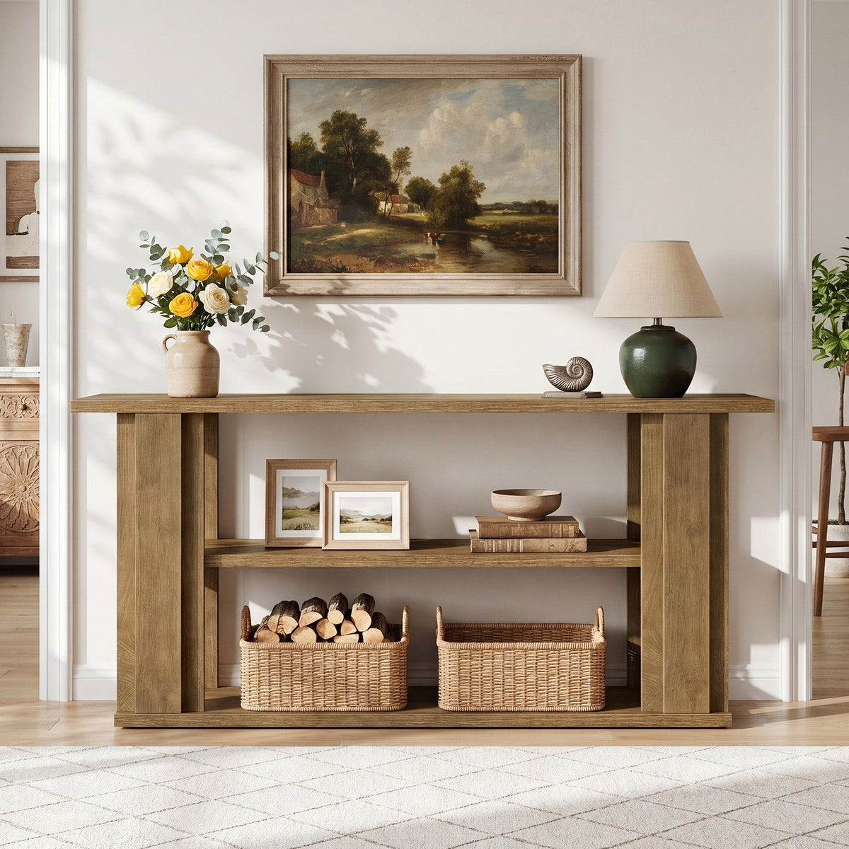 63-Inch Farmhouse Console Table with 3-Tier Storage Shelves and Wide Panel Supports, Narrow Sofa Table for Living Room Hallway and Foyer