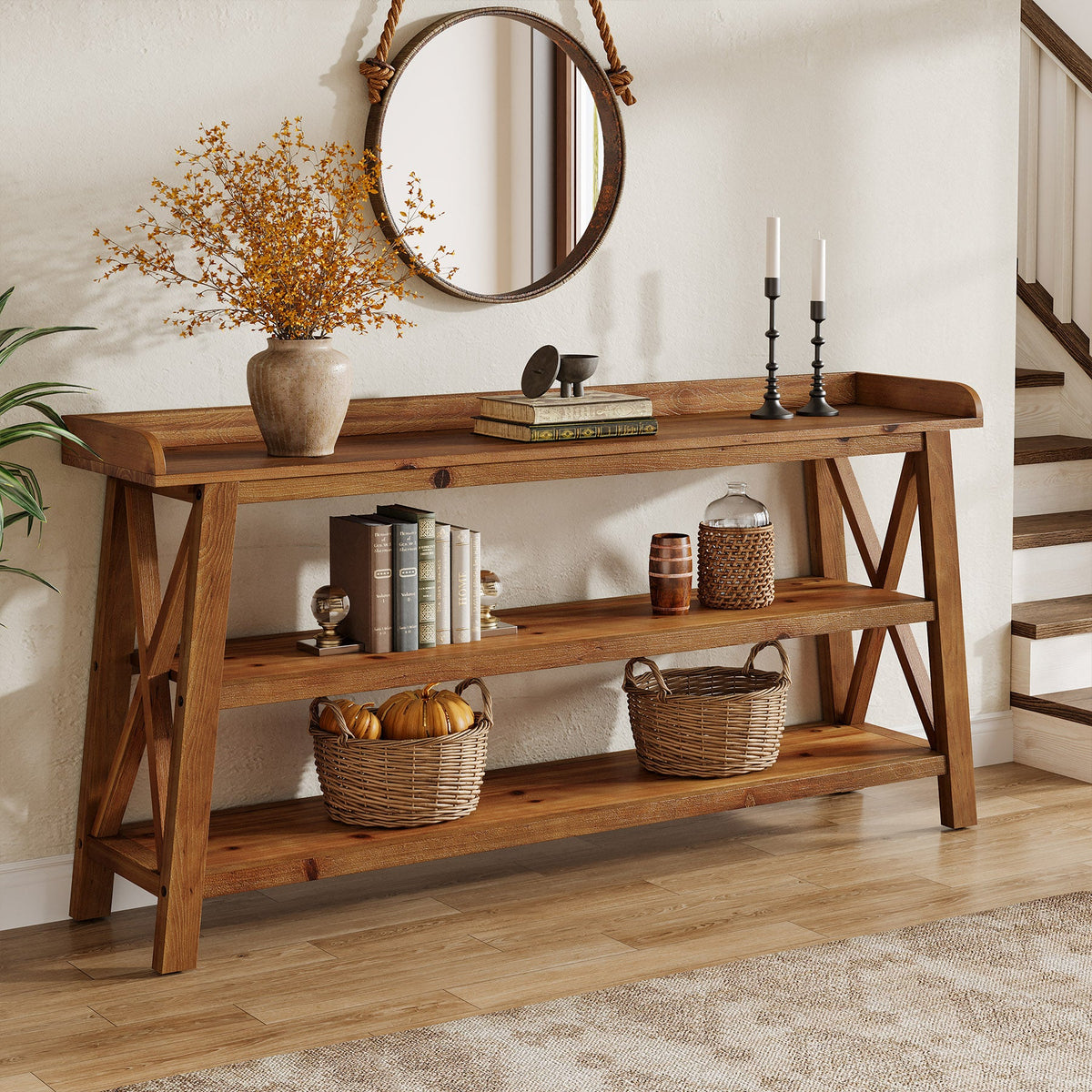 63-Inch Solid Wood Console Table with X-Frame, 3-Tier Hallway Table for Living Room