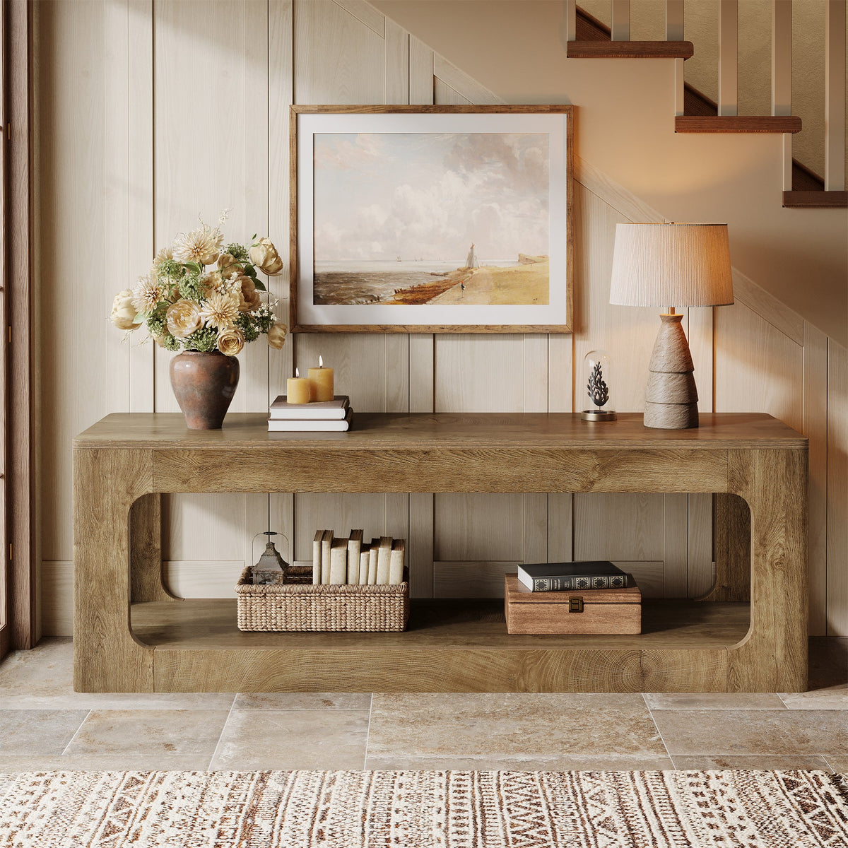 63-Inch Farmhouse Console Table with Circle Design, 2-Tier Entryway Table for Hallway