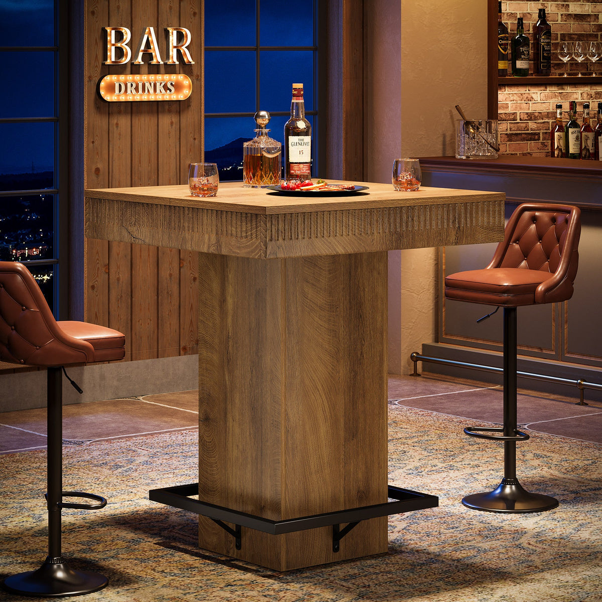 31.5-Inch Square Bar Table with Metal Footrest, Industrial Pub Table for Small Kitchens
