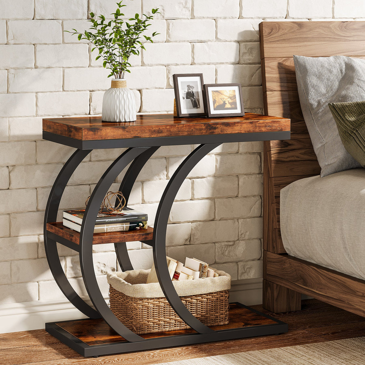 C-Space 3-Tier End Table, A Narrow C-Shaped Wood & Metal Side Table for Small Spaces
