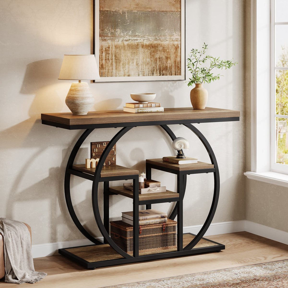 41 Inch Industrial Console Table with Storage, 4 Tier Narrow Sofa Table for Entryway Living Room