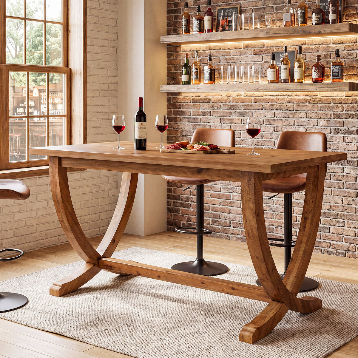 59 Inch Solid Wood Counter Height Dining Table with Footrest, Farmhouse Bar Table for 4-6