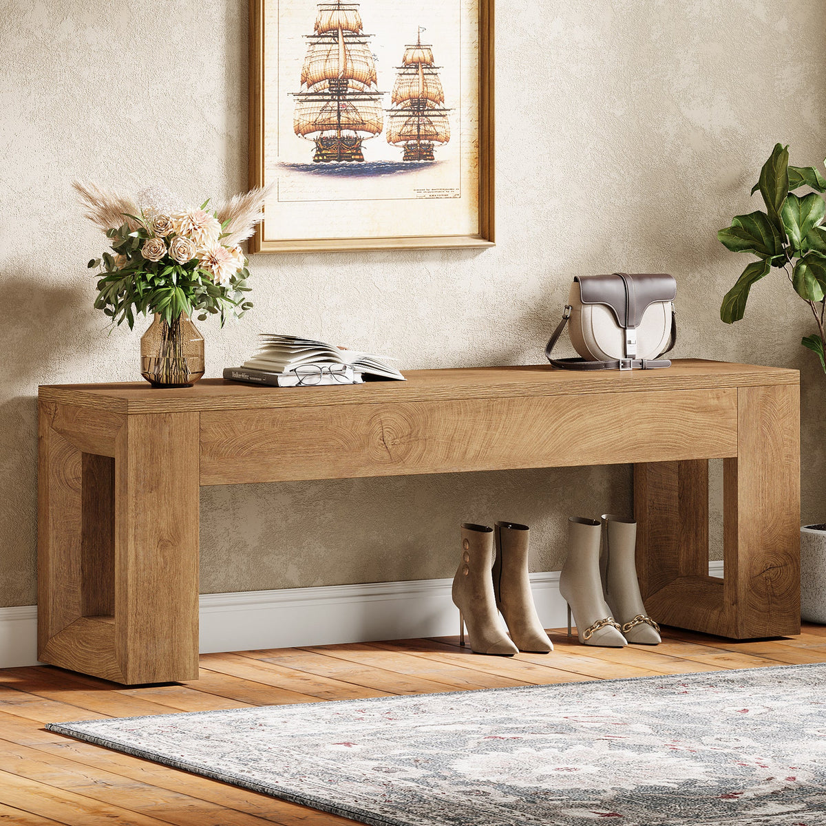 47-Inch Farmhouse Entryway Bench, Long Wood Shoe Bench with Reinforced MDF Structure for Hallway