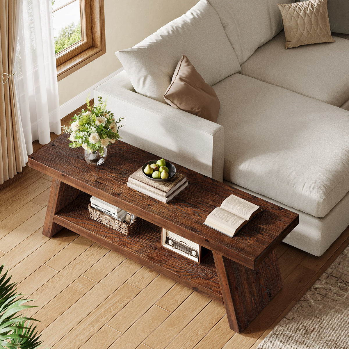 47-Inch 2-Tier Wooden Storage Bench, Open Shelving Hallway Seat with Solid Fir Frame for Living Room