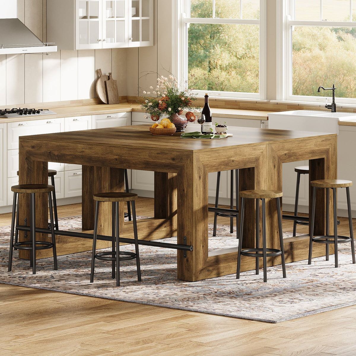 59-Inch Industrial Bar Table with Metal Footrest, Counter Height Pub Table for Kitchen